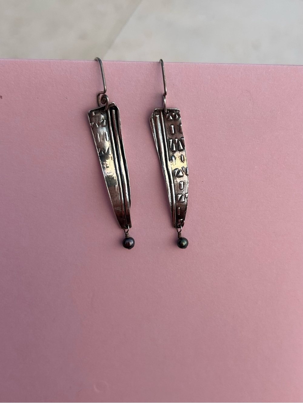 Unique Handmade Sterling Silver Dangle Earrings with bead drop & ear wire detail